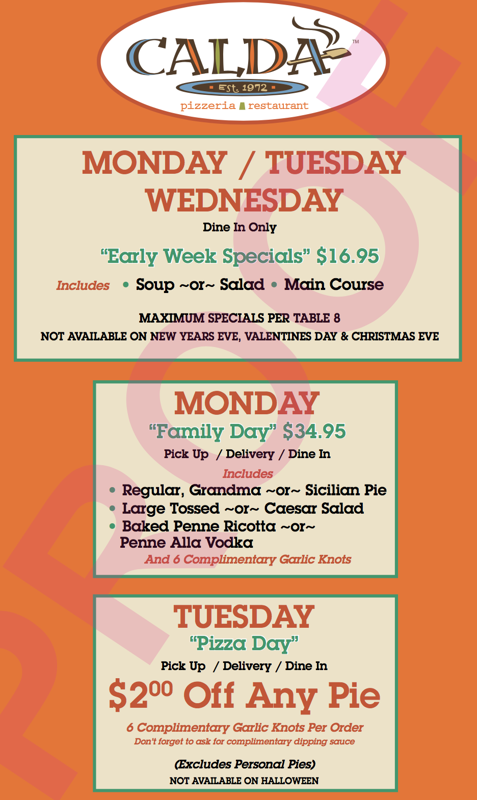 Specials Calda Pizza